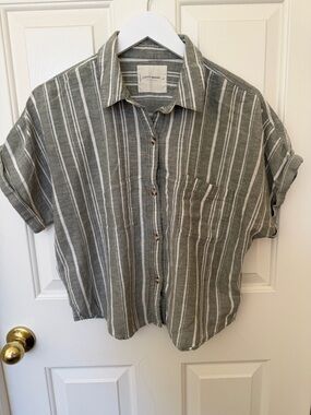 Lucky Brand Olive Green & White Striped on Short Sleeve Button Shirt